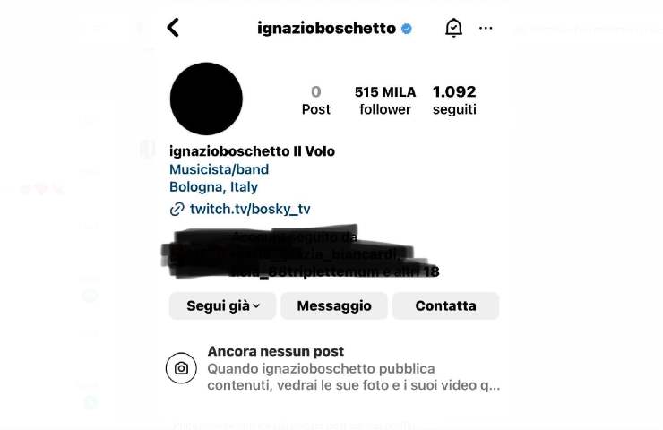 Il profilo di Ignazio Boschetto completamente svuotato dai post
