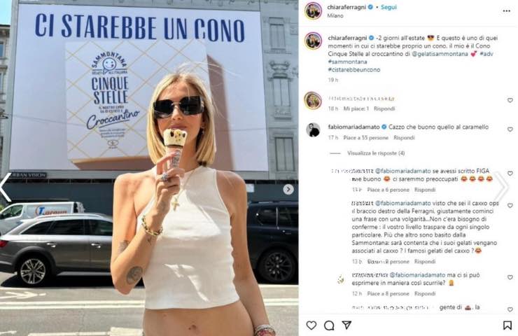 Post Chiara Ferragni con commento Sammontana