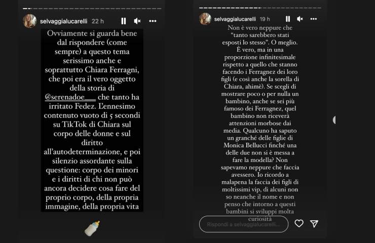 Screenshot di storie Instagram di Selvaggia Lucarelli sui Ferragnez.