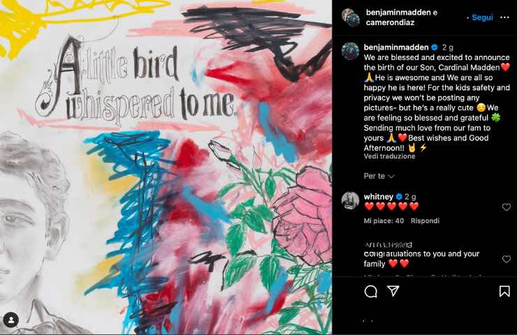 Cameron Diaz e Benji Madden post IG annuncio 