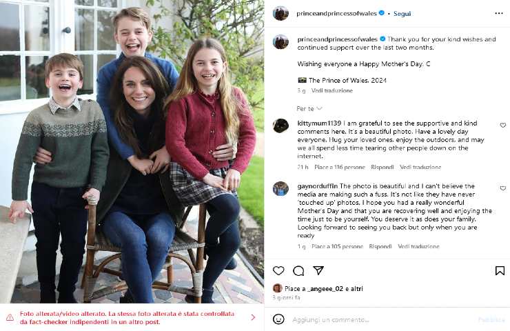 Il post di Kensington Palace con la foto incriminata di Kate. Il post di Kensington Palace con la foto incriminata di Kate.