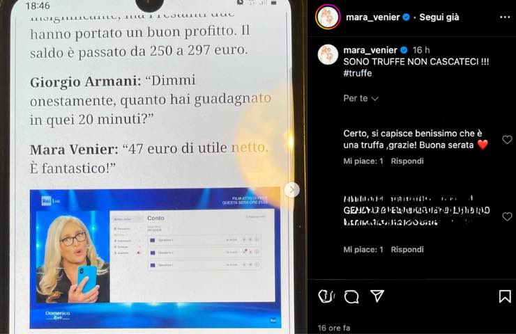 Post IG Mara Venier truffa