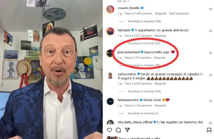 Il commento di José Sebastiani sotto il post Instagram di Amadeus.