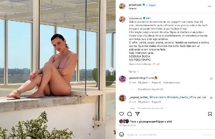 Arisa in un post IG.