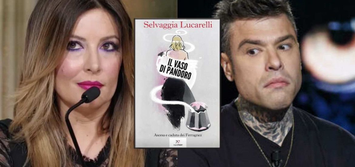 Selvaggia Lucarelli e Fedez. Al centro: il libro di Lucarelli sui Ferragnez.