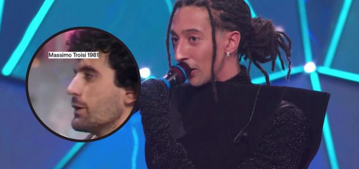 Ghali a Sanremo 2024. Nel cerchio, Massimo Troisi.