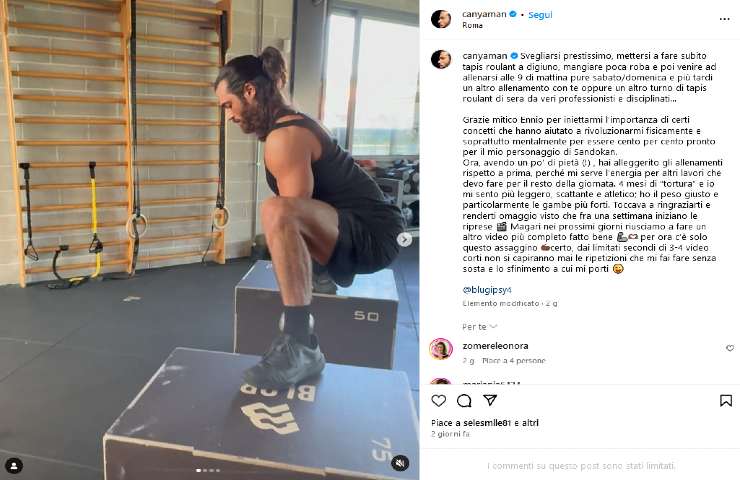 Post Instagram di Can Yaman in cui parla della preparazione atletica per Sandokan.