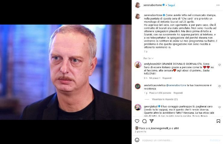 Post IG di Serena Bortone sul caso Antonio Scurati. Post IG di Serena Bortone sul caso Antonio Scurati.