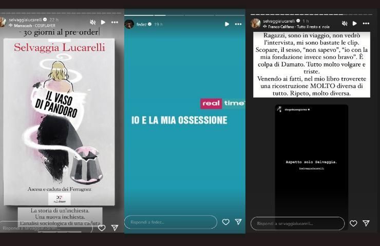 Storie IG di Selvaggia Lucarelli e Fedez.