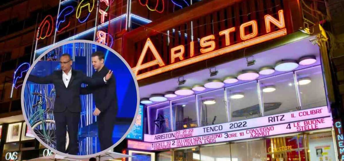 Sullo sfondo: l'ingresso del teatro Ariston di Sanremo. Nel cerchio: Carlo Conti e Alessandro Cattelan.
