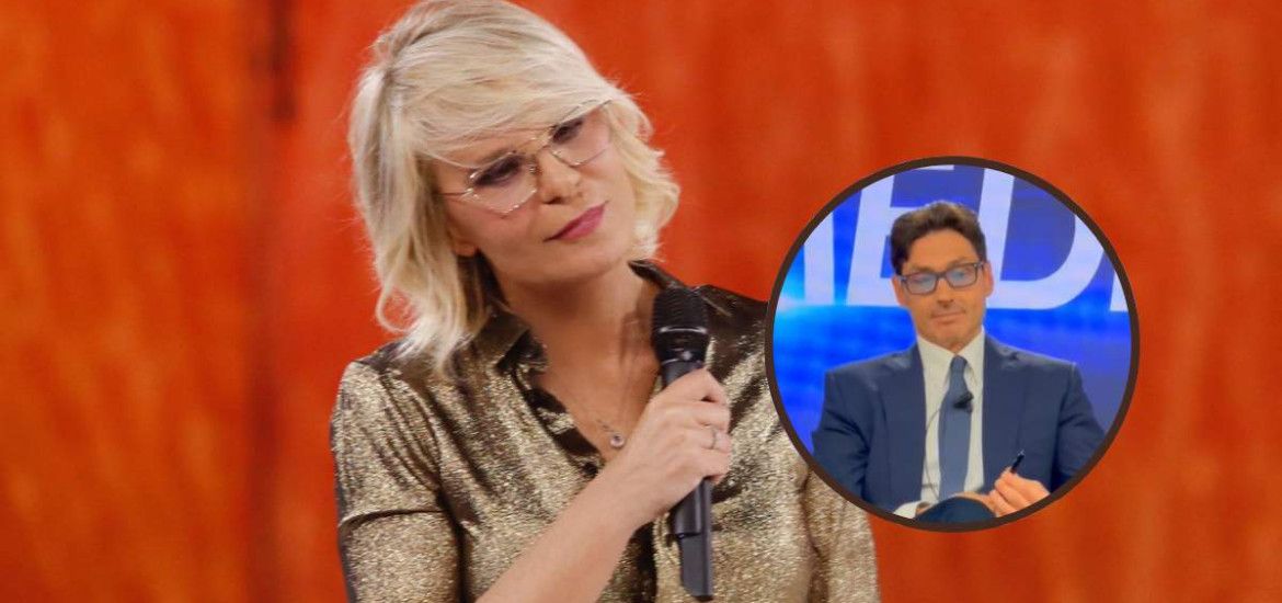 Maria De Filippi. Nel cerchio: Pier Silvio Berlusconi.