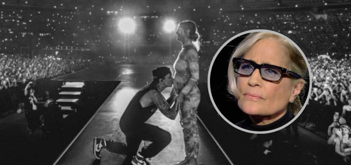 Ultimo e Jacqueline Luna Di Giacomo annunciano la gravidanza all'Olimpico. Nel cerchio: Heather Parisi.